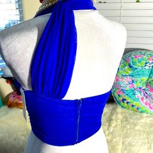 NEW! Cobalt blue mesh one shoulder top with a Grecian goddess design